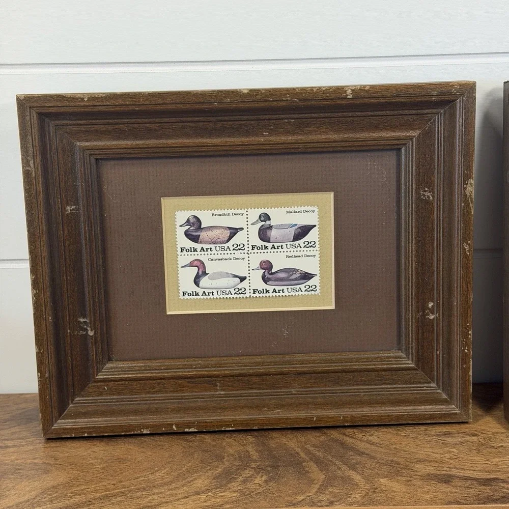 Framed VTG 1985 Folk Art USA 22¢ Duck Decoy Stamps Block of 4 Rustic Decor Set
